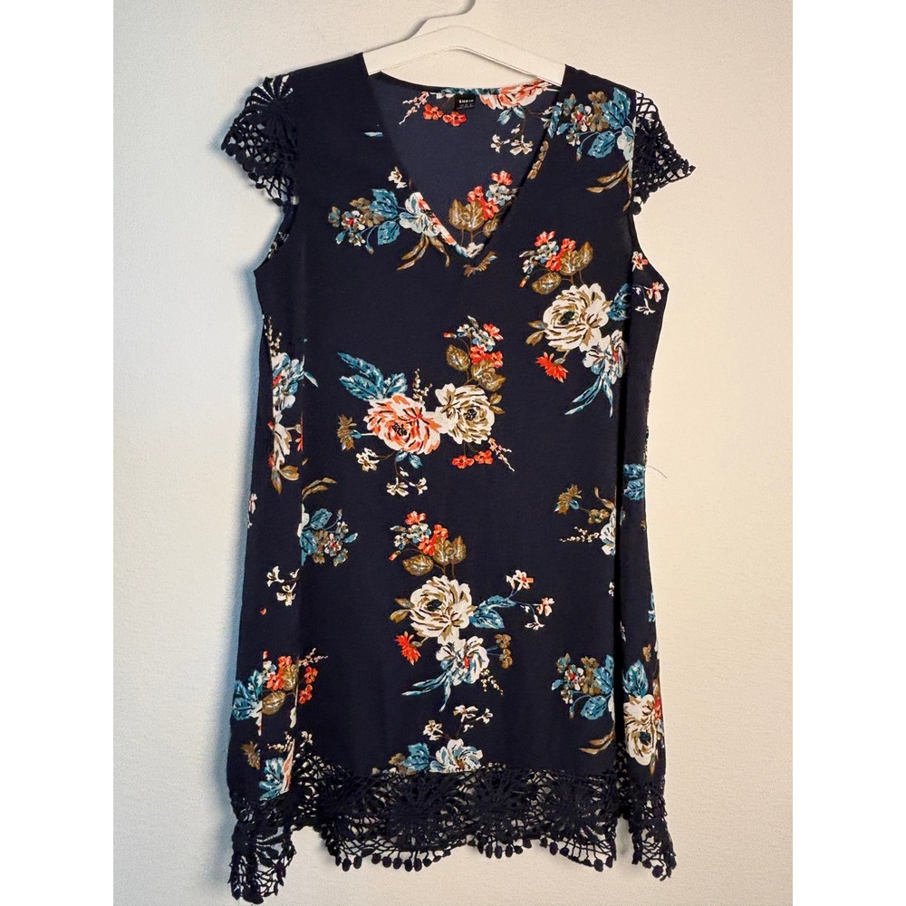 Shein Navy Blue Floral Crochet Lace Trim V-Neck Shift‎ Dress Size M US 6